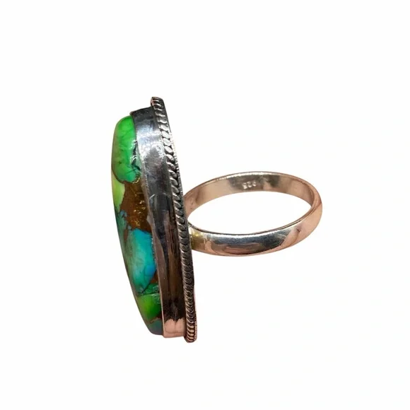 Peacock Dahlia Turquoise Ring Size 7 Solid 925 Sterling Silver Oval Green Blue - Picture 7 of 7